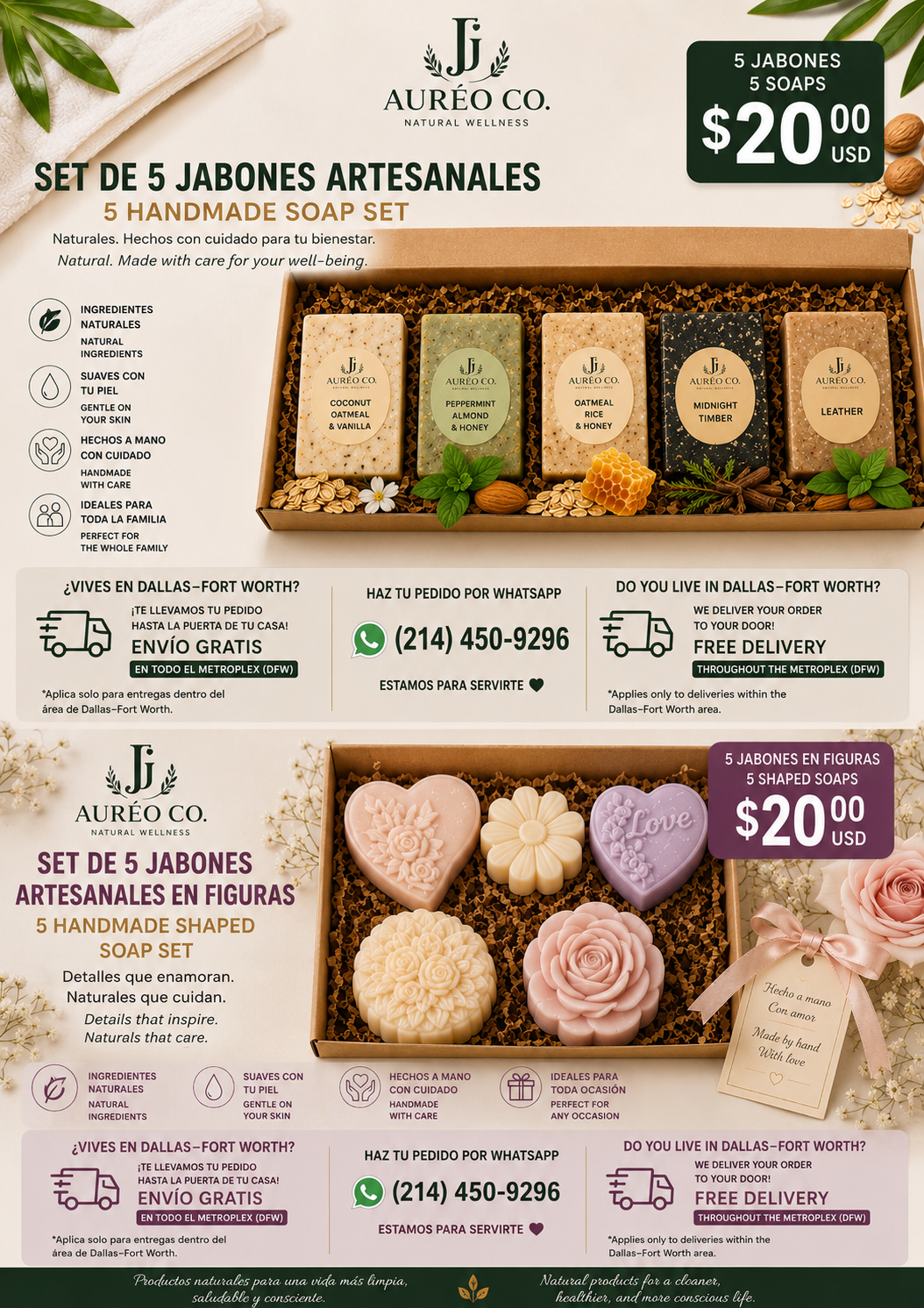 AUREO CO. Essential Handmade Soap Gift Set – 5 Natural Soaps